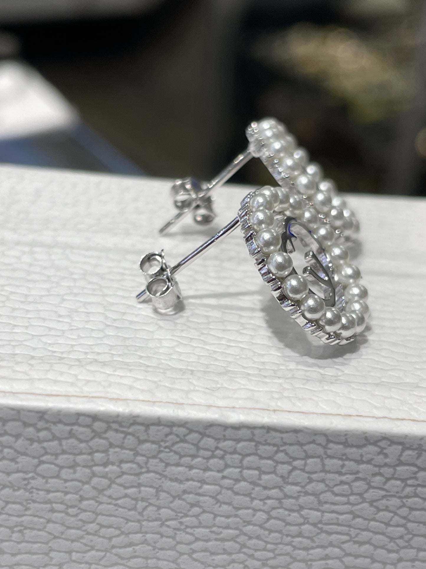 925 Sterling Silver GG Logo Gucci Style Pearl Halo Stud Earrings