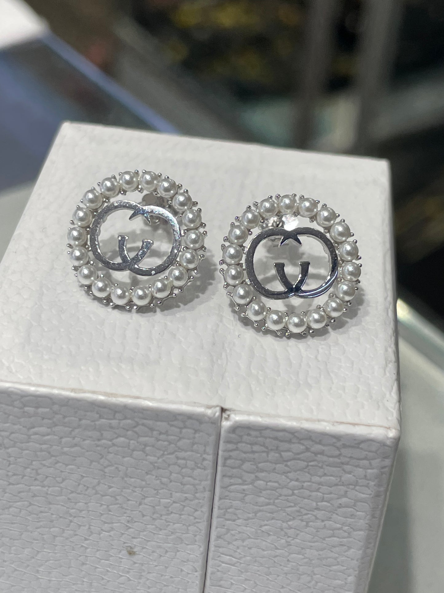 925 Sterling Silver GG Logo Gucci Style Pearl Halo Stud Earrings