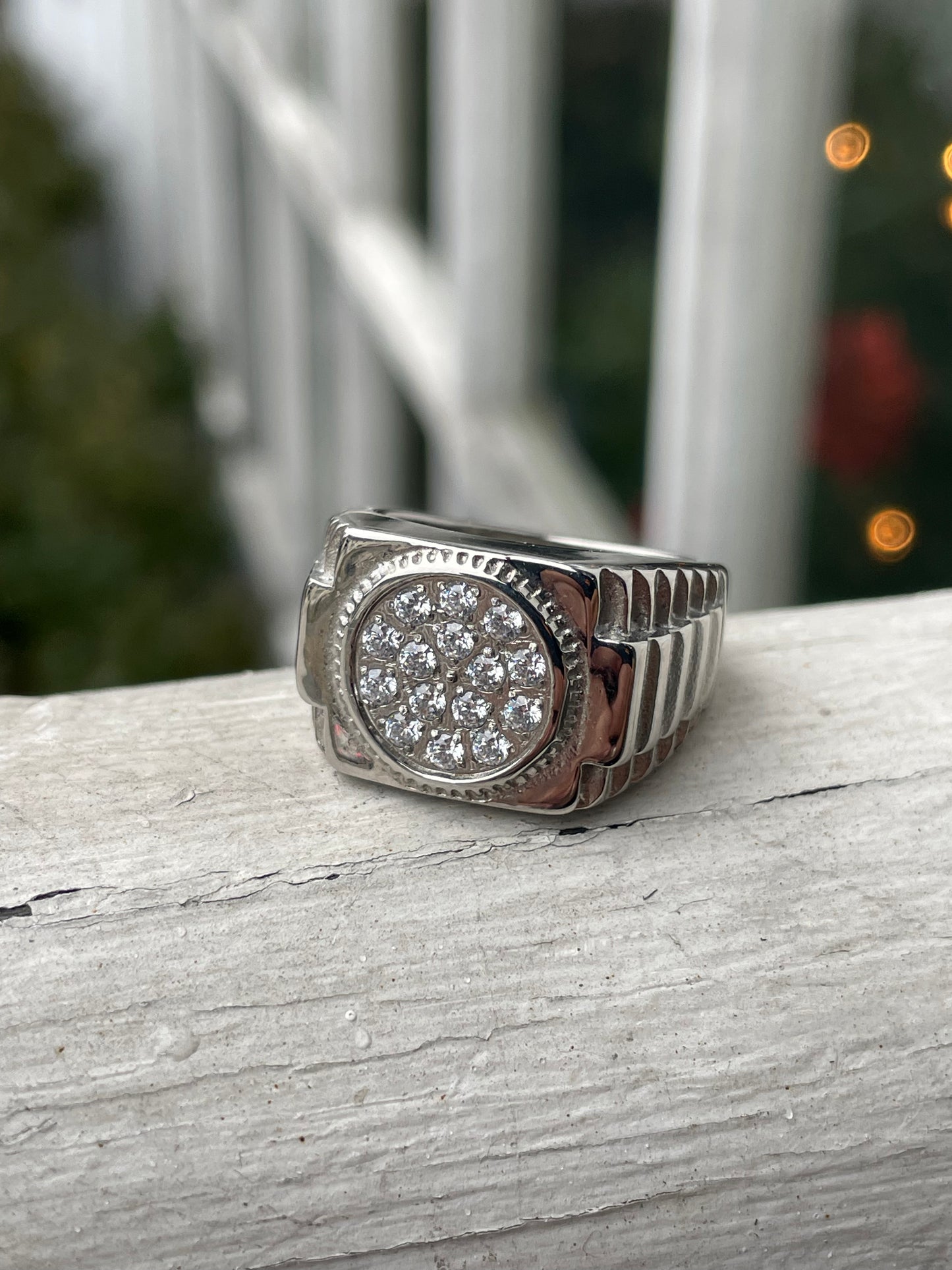 Stainless Steel Rolex Style Clear Zirconia Signet Ring