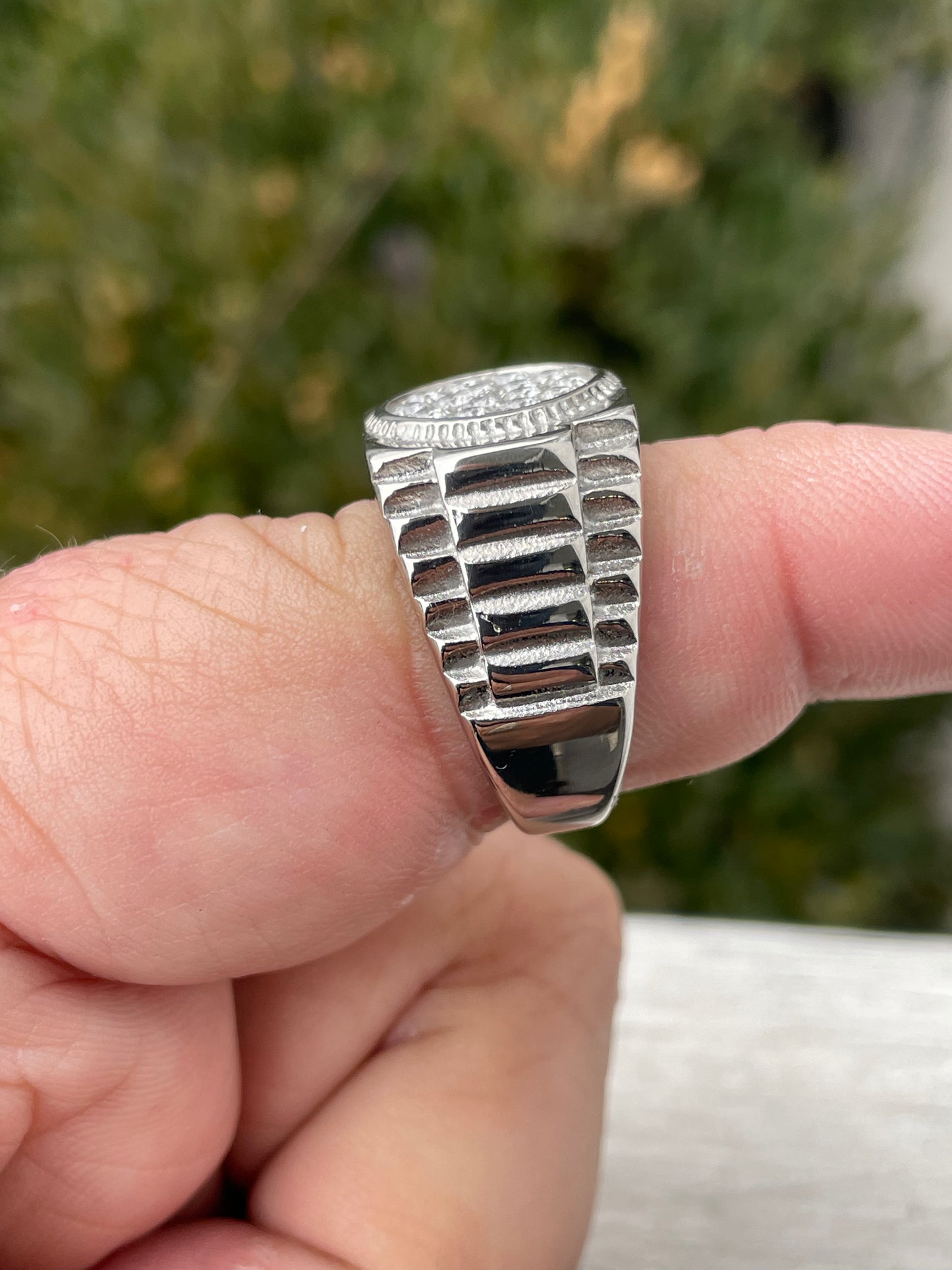 Stainless Steel Rolex Style Clear Zirconia Signet Ring