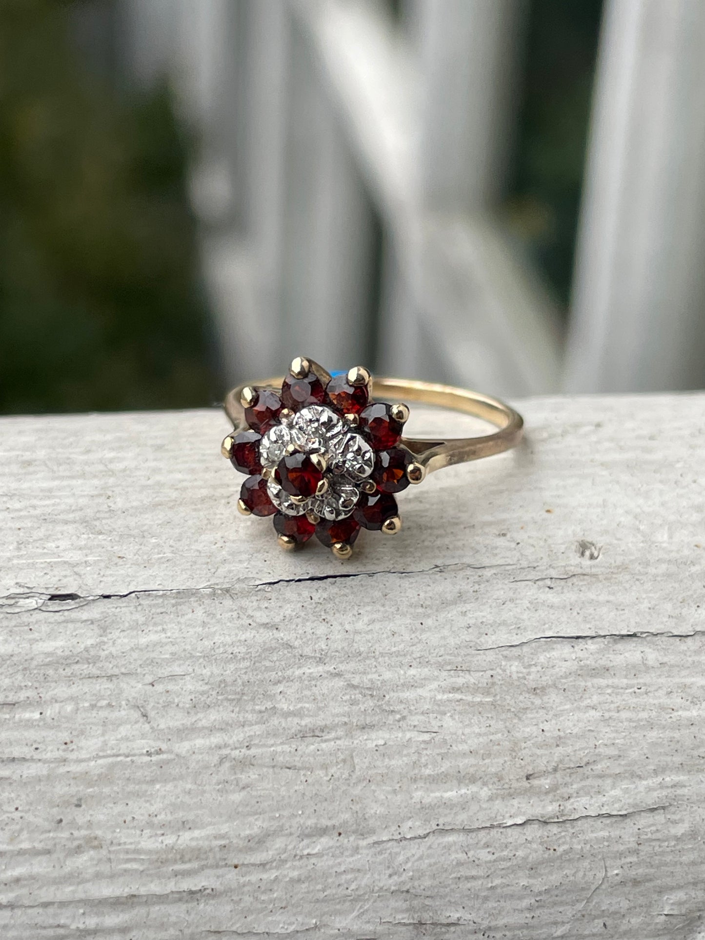 10k Gold Natural Garnet & Diamond Bouquet Cluster Ring