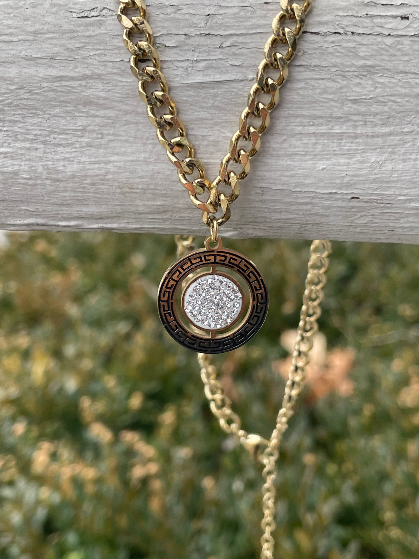 Stainless Steel Vermeil Greek Key Medallion Cuban Link Necklace