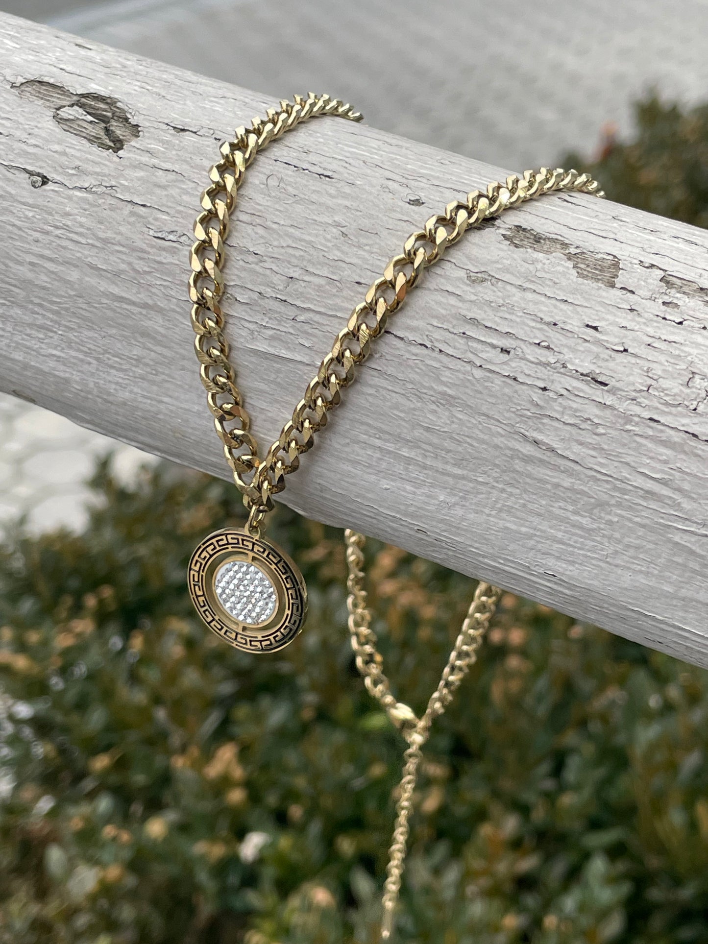 Stainless Steel Vermeil Greek Key Medallion Cuban Link Necklace