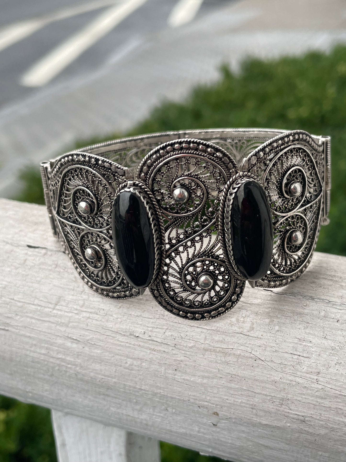 925 Sterling Silver Intricate Wide Filigree Onyx Bracelet 7”