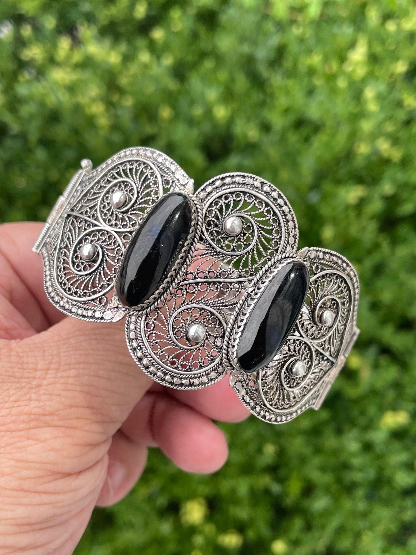 925 Sterling Silver Intricate Wide Filigree Onyx Bracelet 7”