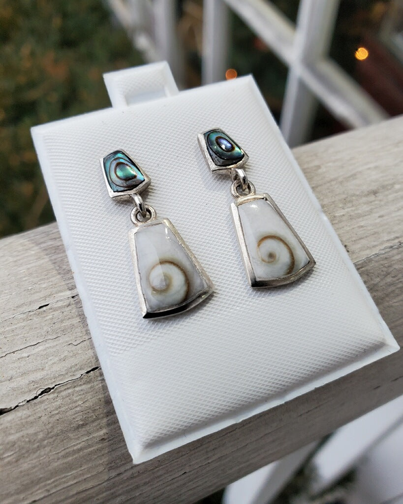 925 Sterling Silver Abalone & Shell Handmade Dangle Earrings