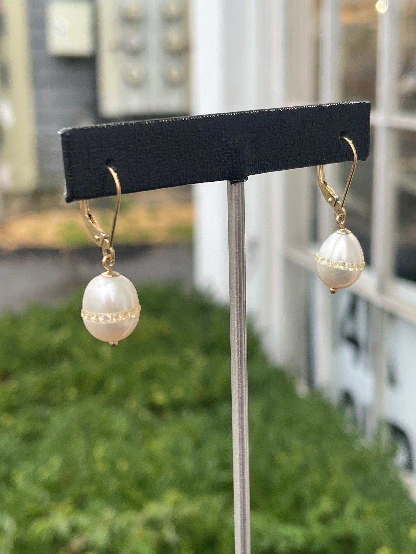 14k Gold Freshwater & Cz Pearl Dangle Earrings