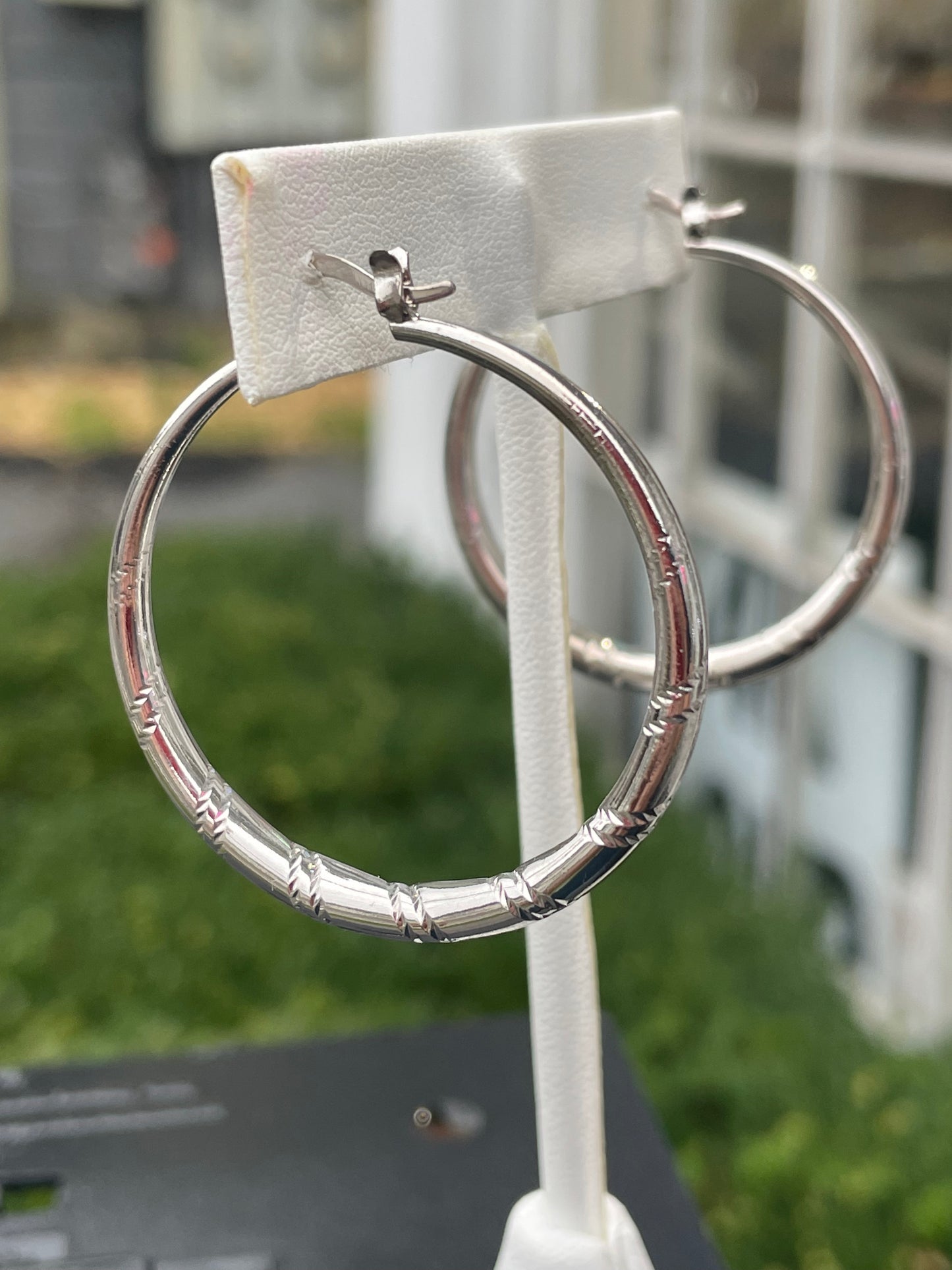 925 Sterling Silver Ridge Cut Large Hoop Earrings