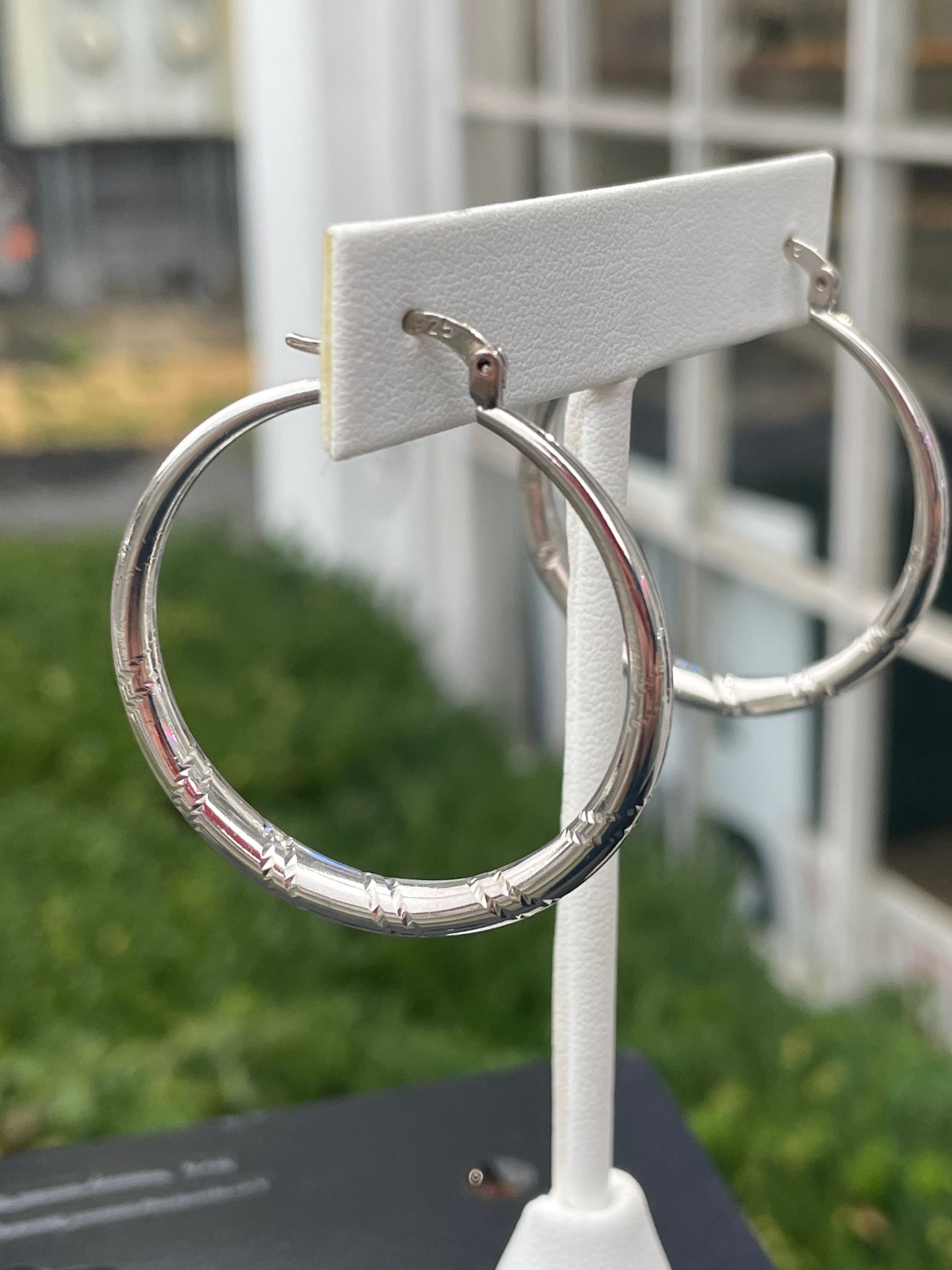 925 Sterling Silver Ridge Cut Large Hoop Earrings
