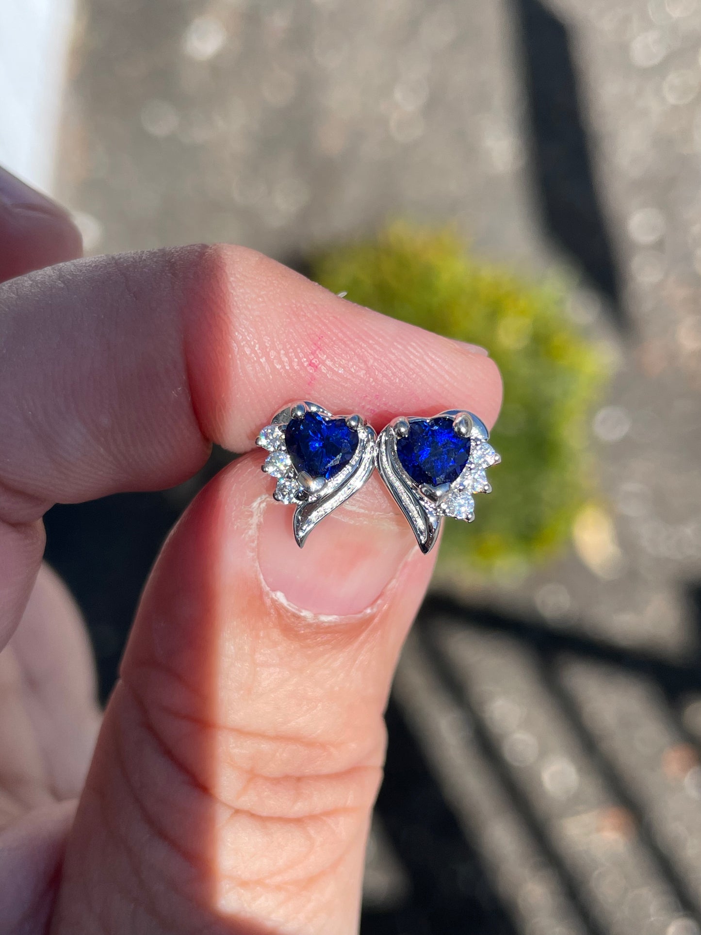 925 Sterling Silver Simulated Sapphire & Cz Heart Stud Earrings