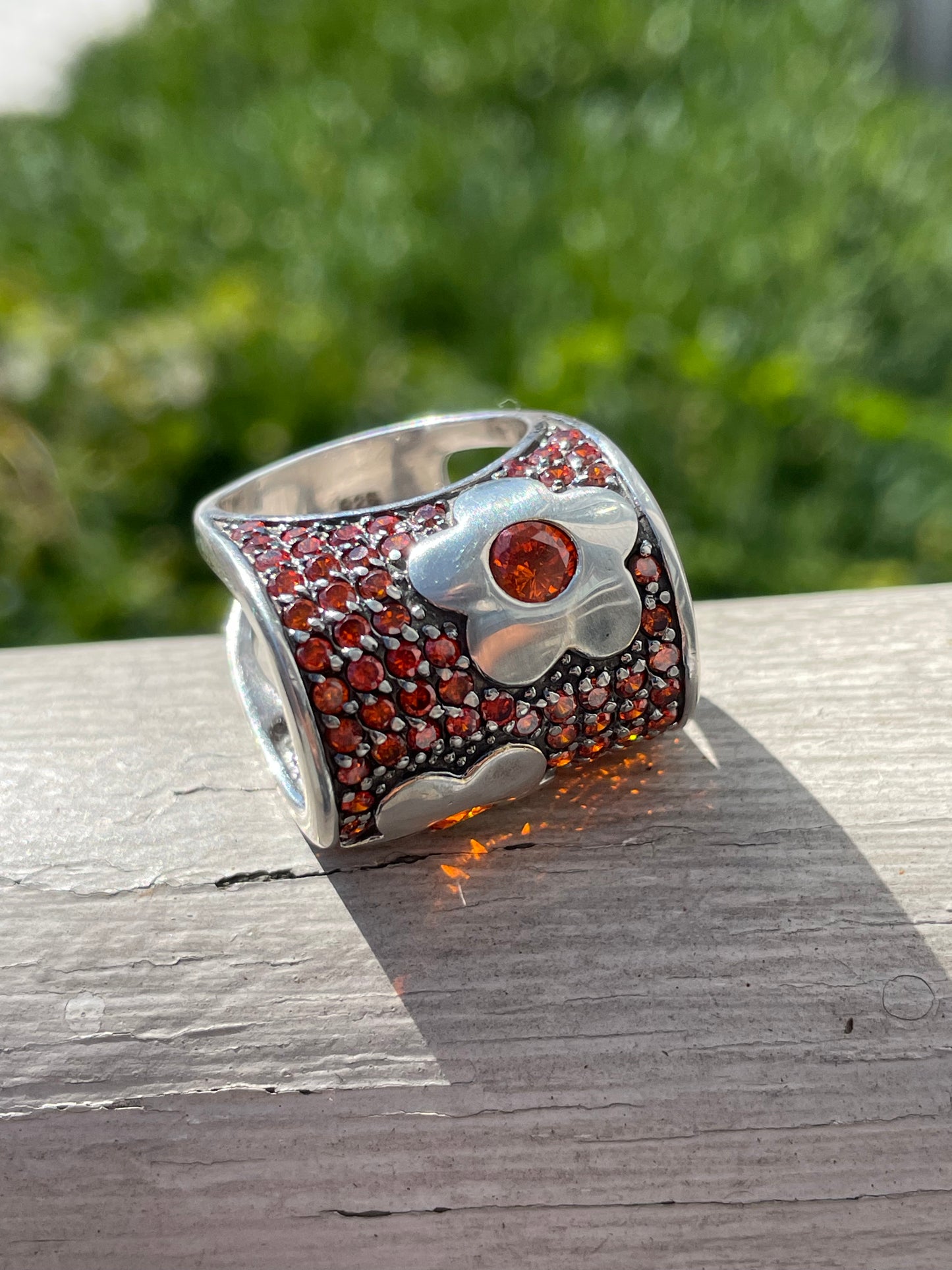 925 Sterling Silver Abstract Tangerine Zirconia Dome Flower Ring Sz 8