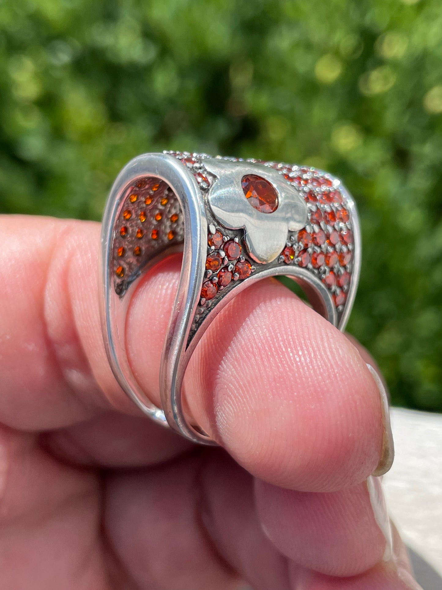925 Sterling Silver Abstract Tangerine Zirconia Dome Flower Ring Sz 8