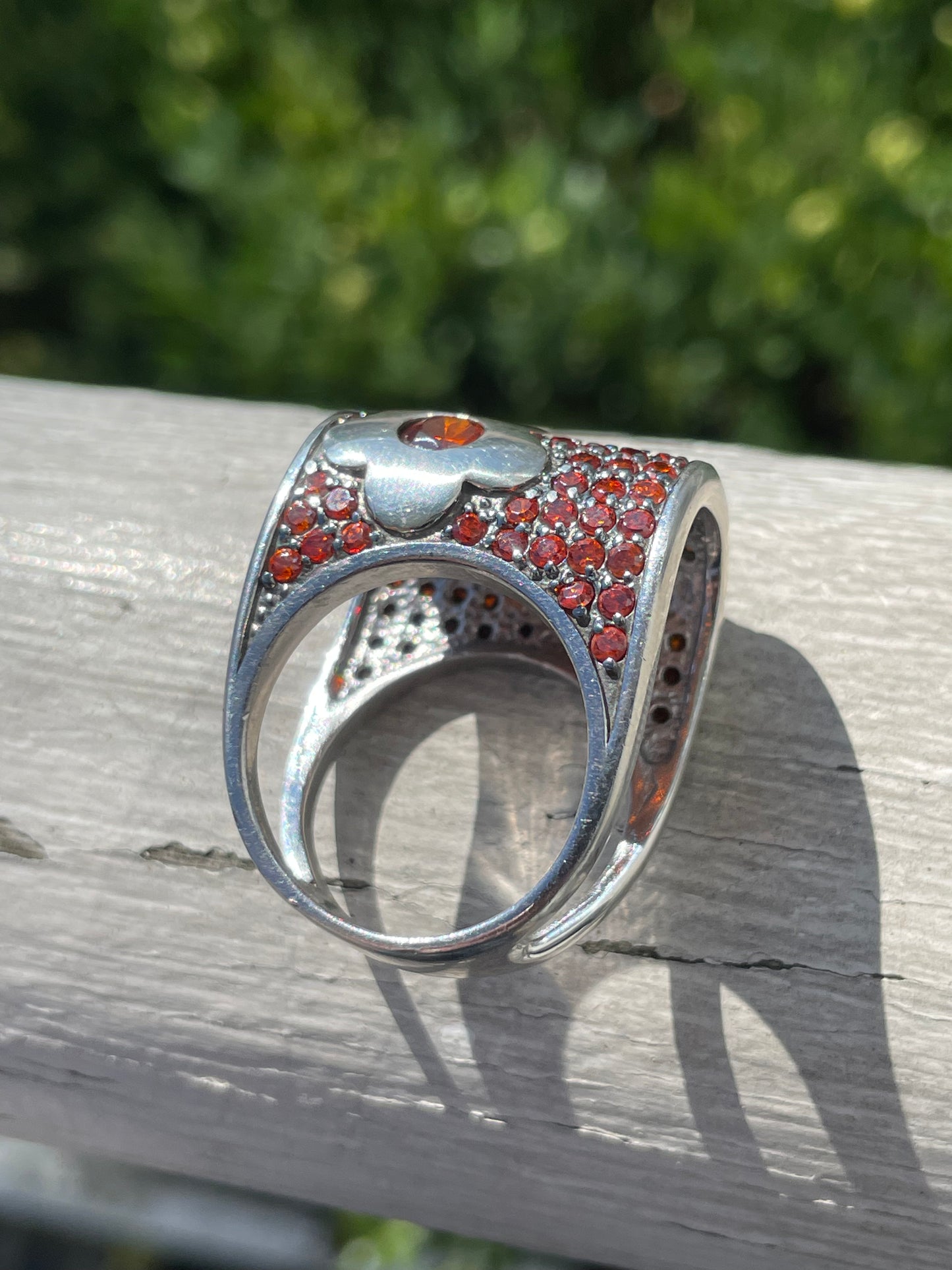 925 Sterling Silver Abstract Tangerine Zirconia Dome Flower Ring Sz 8