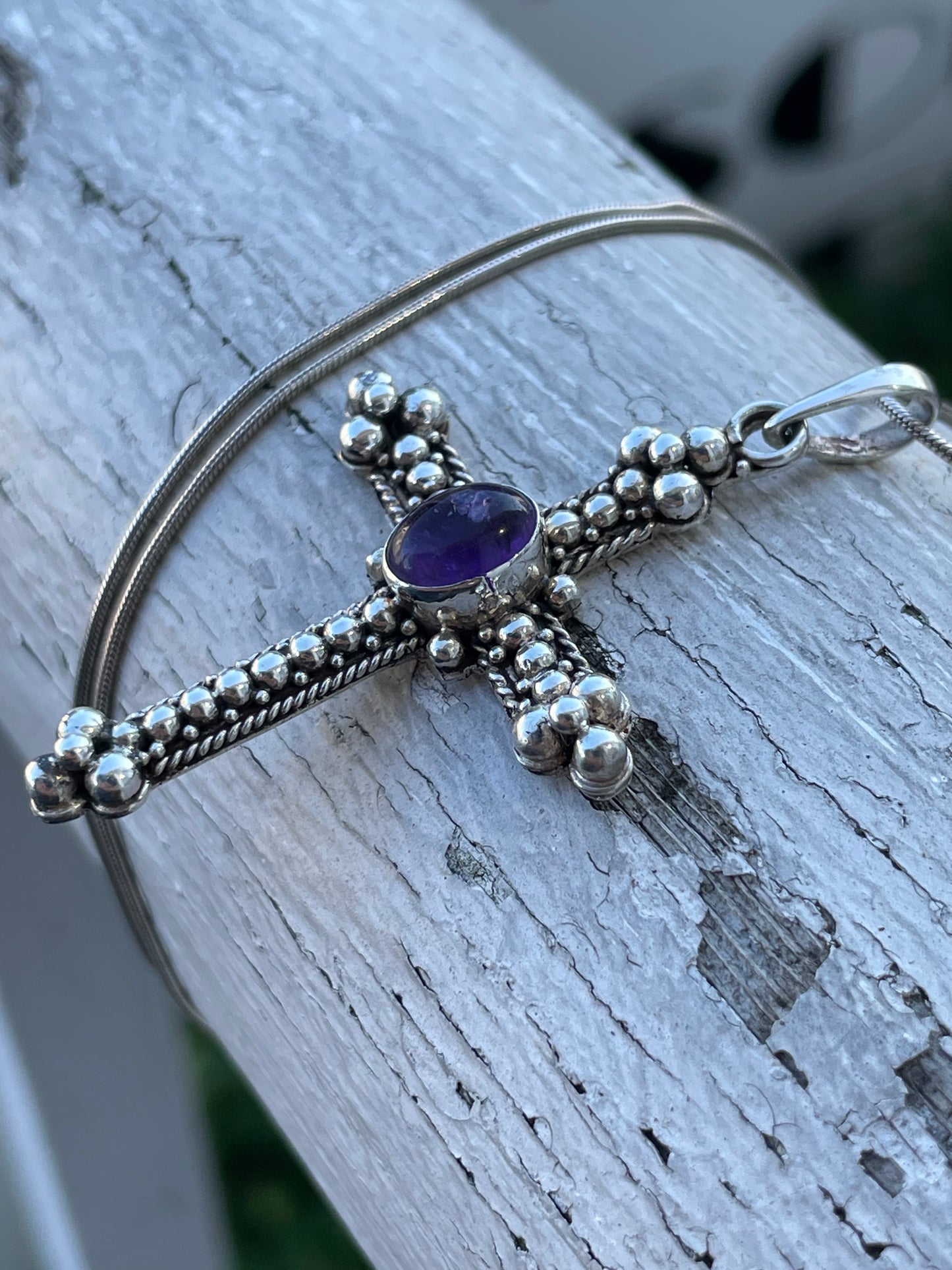 925 Sterling Silver Amethyst Beaded Cross Necklace