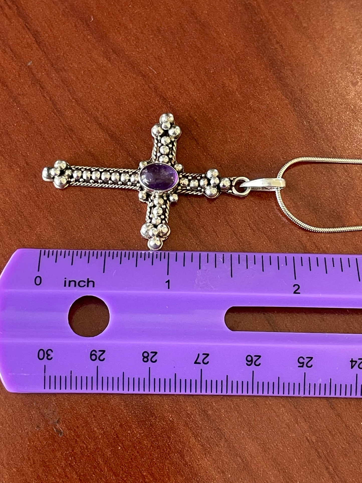 925 Sterling Silver Amethyst Beaded Cross Necklace
