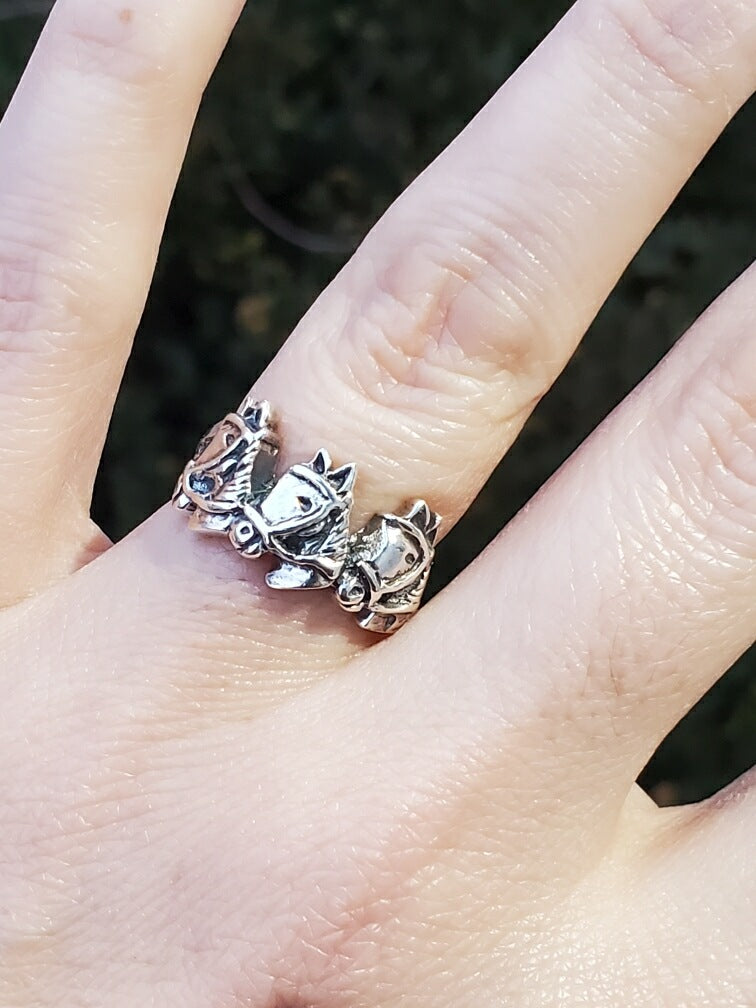 925 Sterling Silver Triple Horse Head Ring