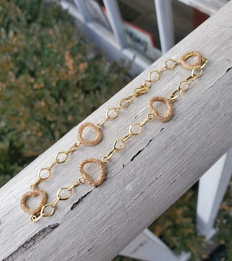 10k Gold Open Heart Link Crystal Champagne Dust Finish Bracelet