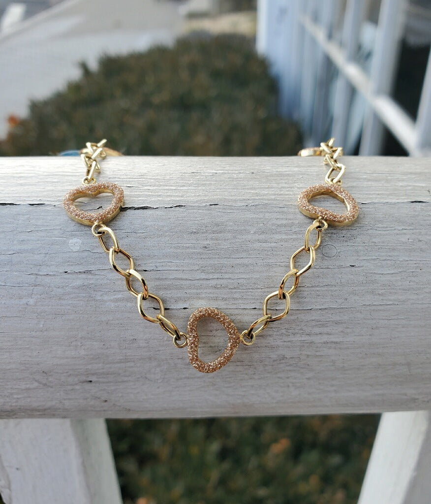 10k Gold Open Heart Link Crystal Champagne Dust Finish Bracelet