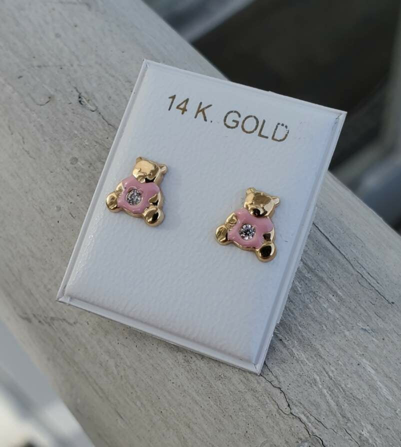 14k Gold It’s a Girl Teddy Bear Stud Earrings