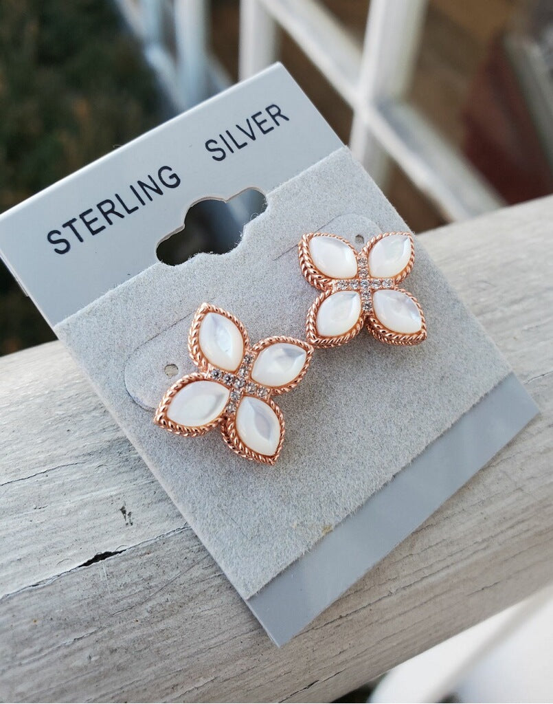 925 Sterling Silver Rose Vermeil Mother of Pearl Quatrefoil Earrings