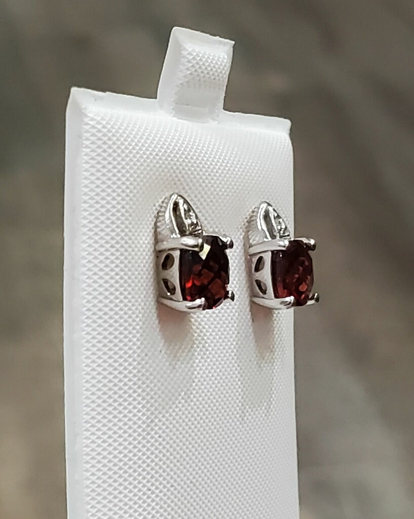 10k White Gold Cushion Cut Garnet & Diamond Stud Earrings