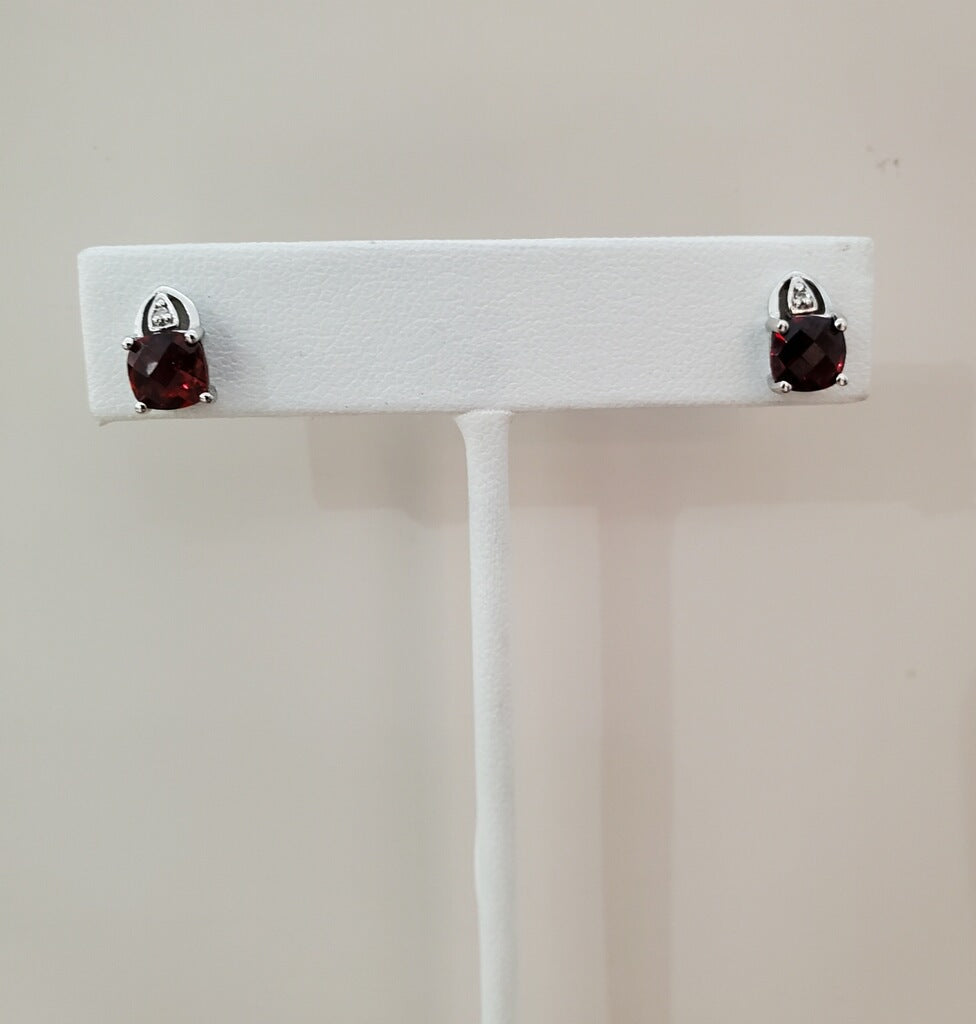 10k White Gold Cushion Cut Garnet & Diamond Stud Earrings