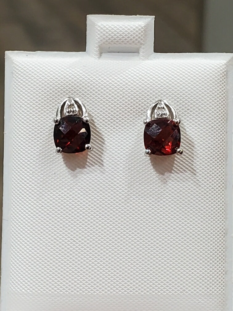 10k White Gold Cushion Cut Garnet & Diamond Stud Earrings