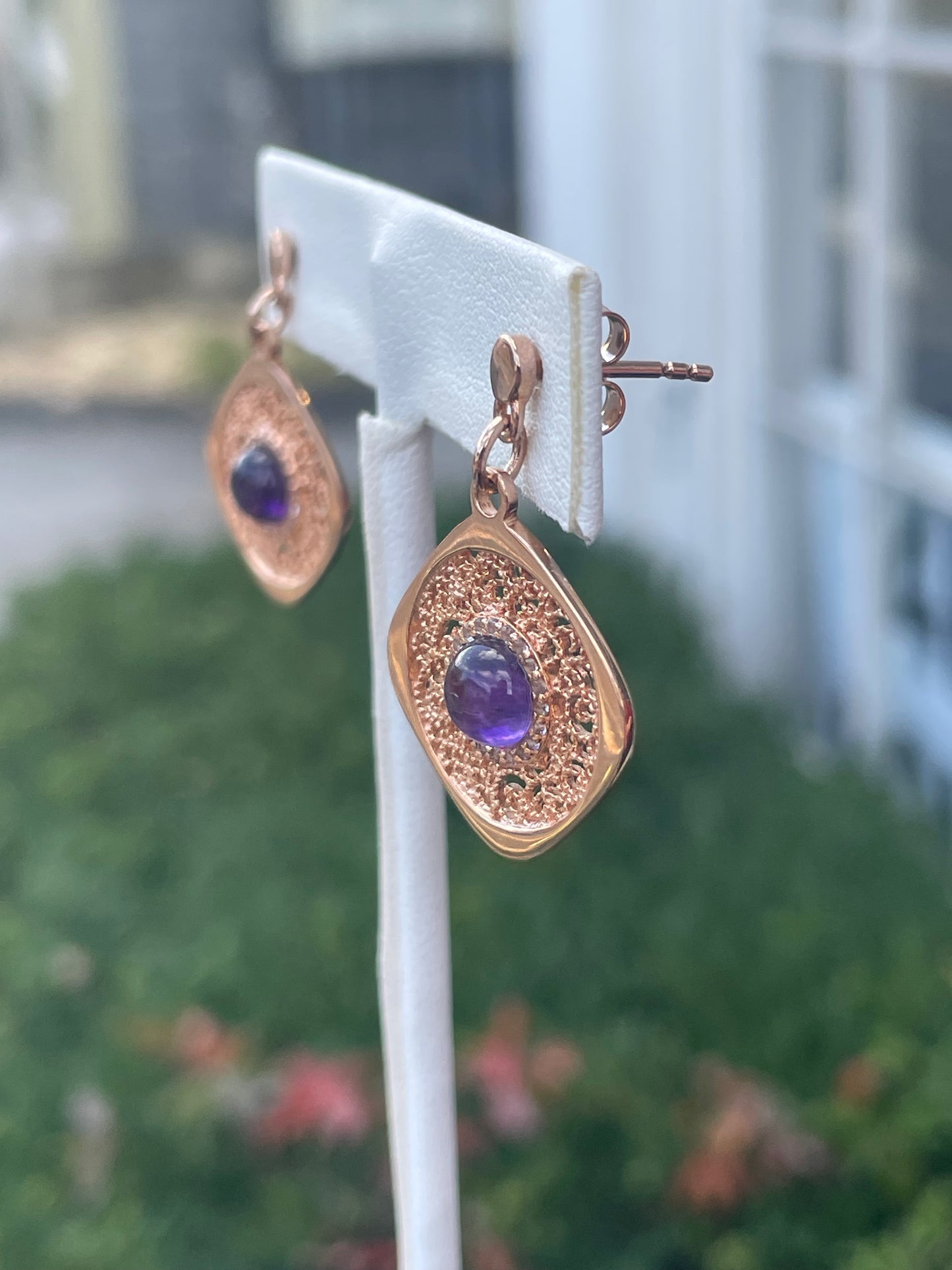 925 Sterling Silver Rose Vermeil Lace Filigree Amethyst Dangle Drop Earrings