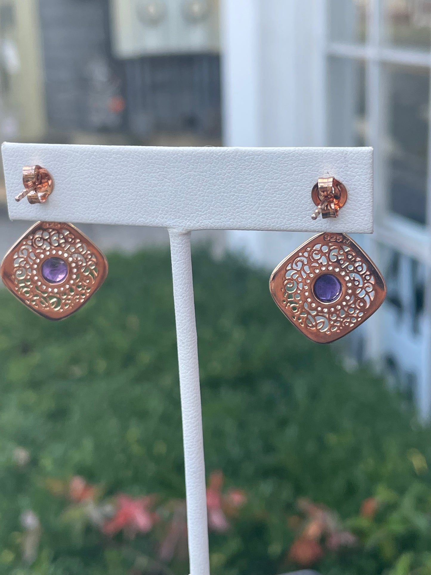 925 Sterling Silver Rose Vermeil Lace Filigree Amethyst Dangle Drop Earrings
