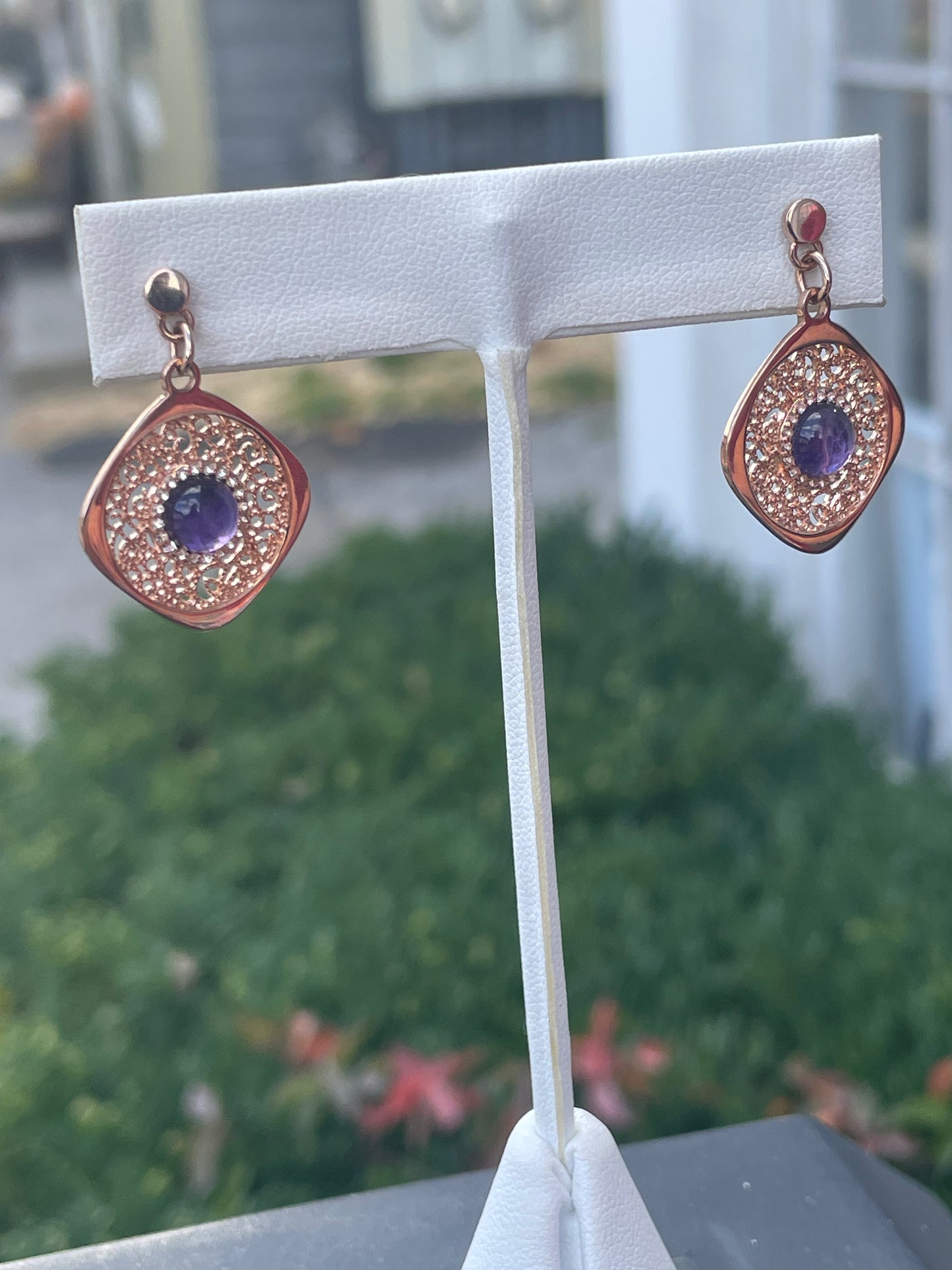 925 Sterling Silver Rose Vermeil Lace Filigree Amethyst Dangle Drop Earrings