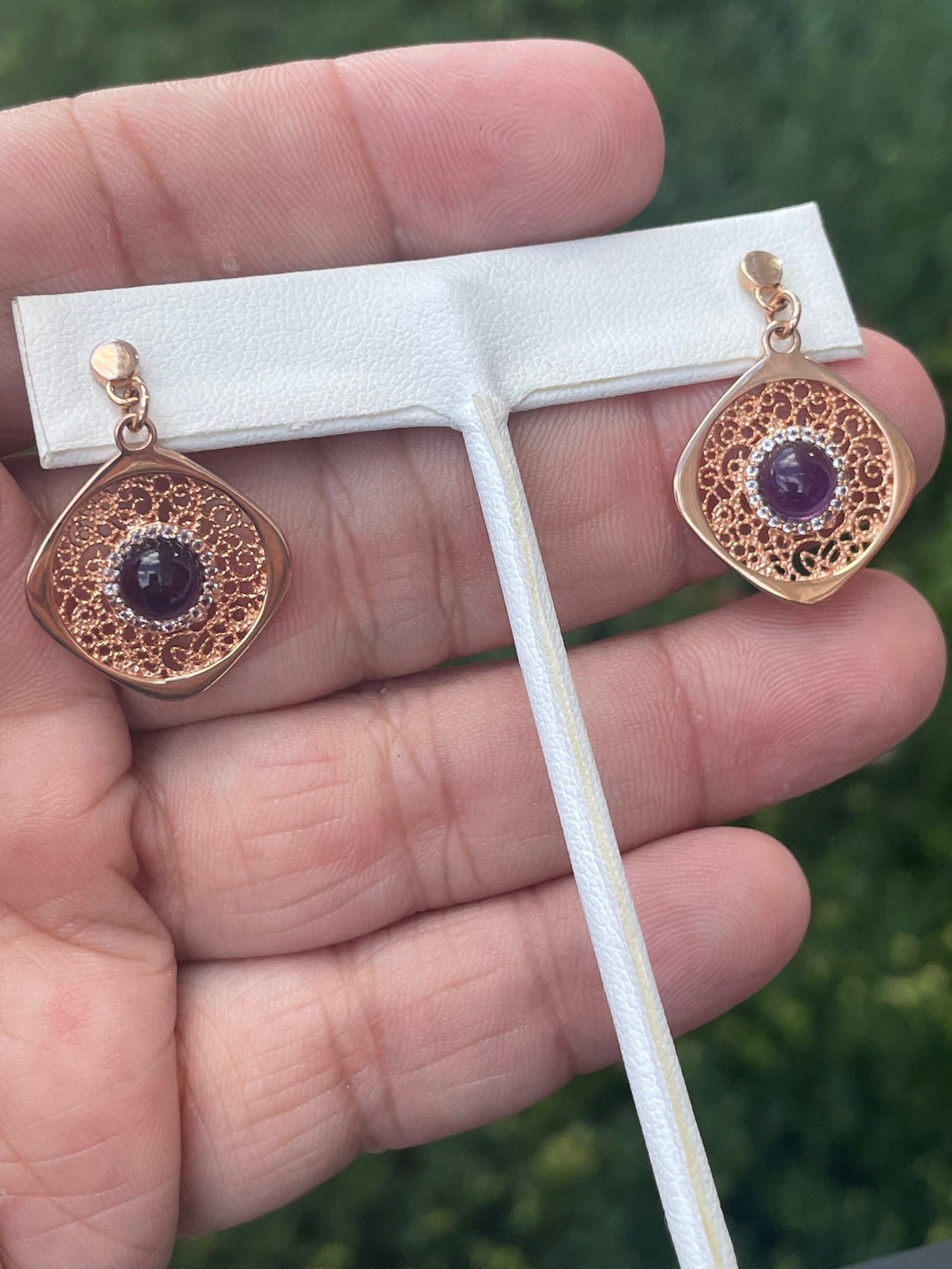 925 Sterling Silver Rose Vermeil Lace Filigree Amethyst Dangle Drop Earrings