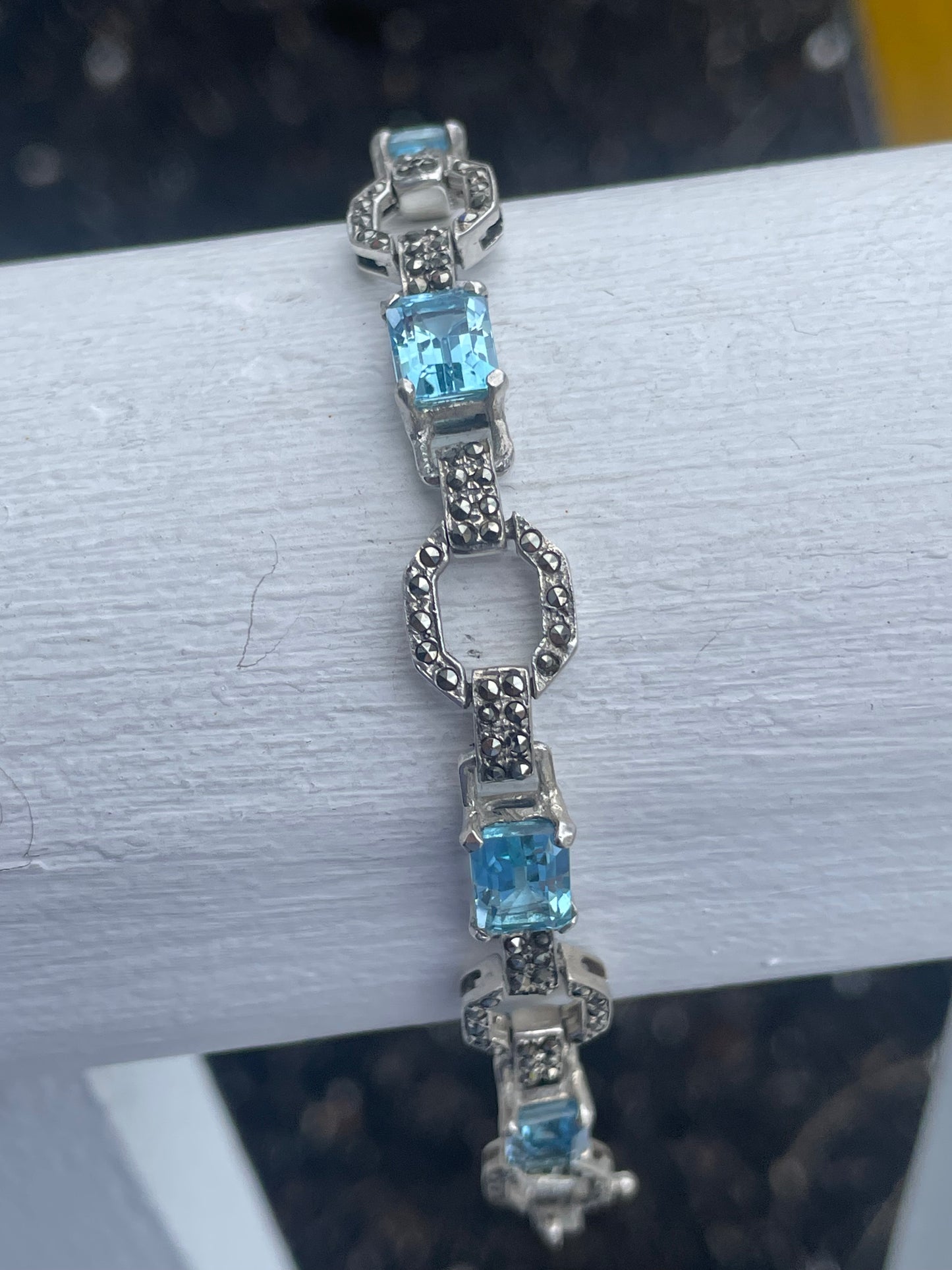 Designer MRF 925 Sterling Silver Blue Topaz & Marcasite Link Bracelet 7”