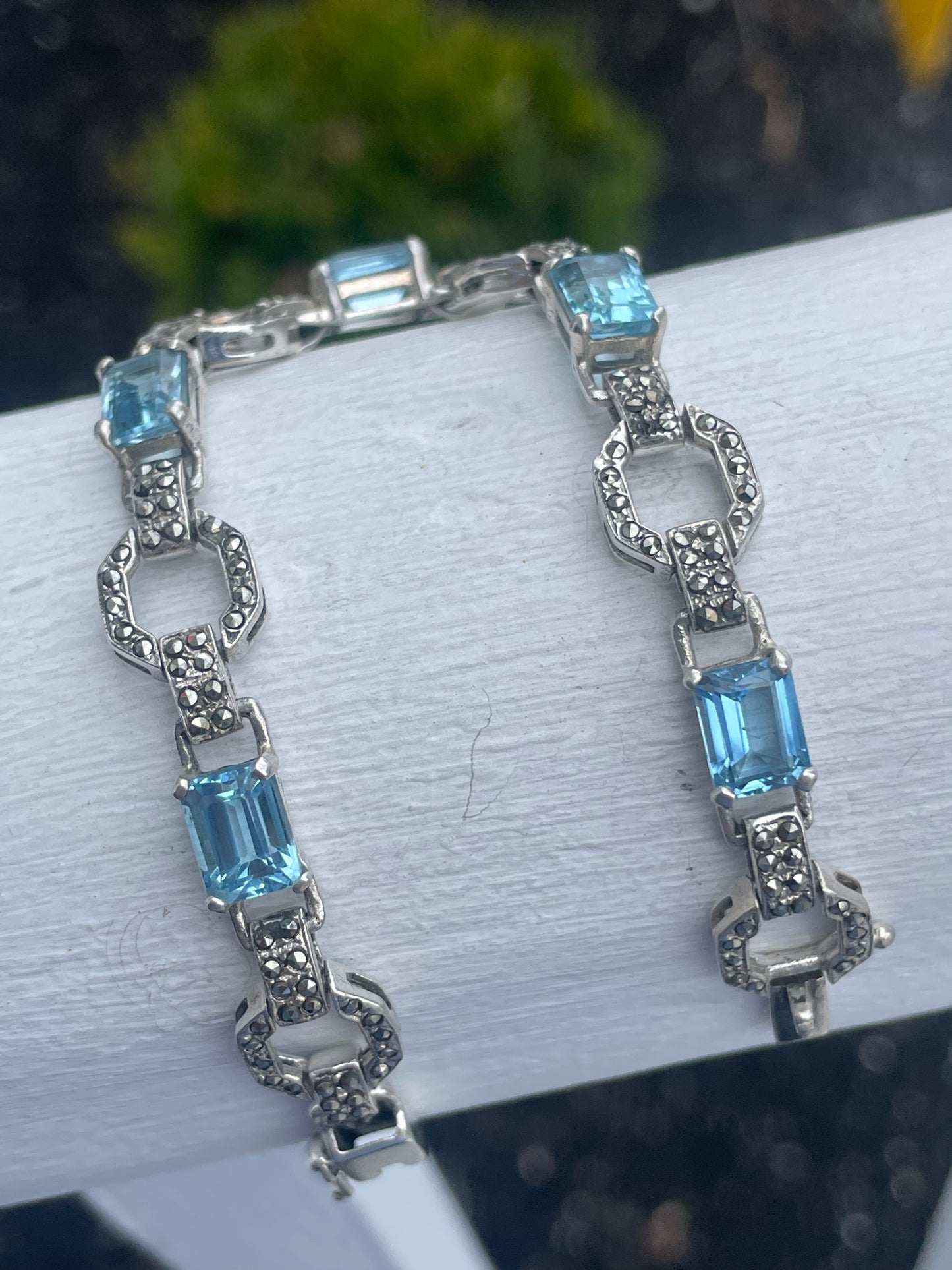 Designer MRF 925 Sterling Silver Blue Topaz & Marcasite Link Bracelet 7”