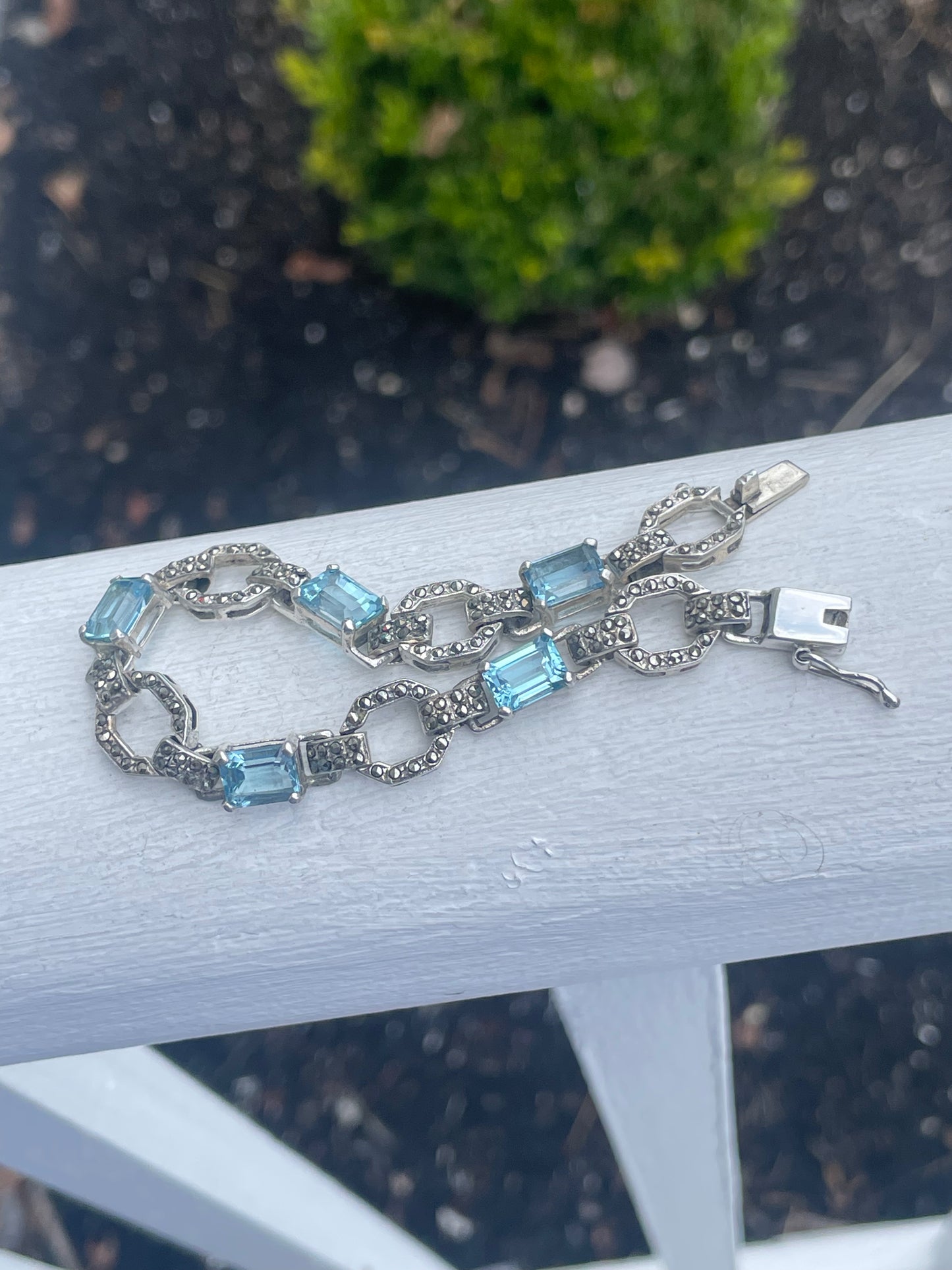 Designer MRF 925 Sterling Silver Blue Topaz & Marcasite Link Bracelet 7”