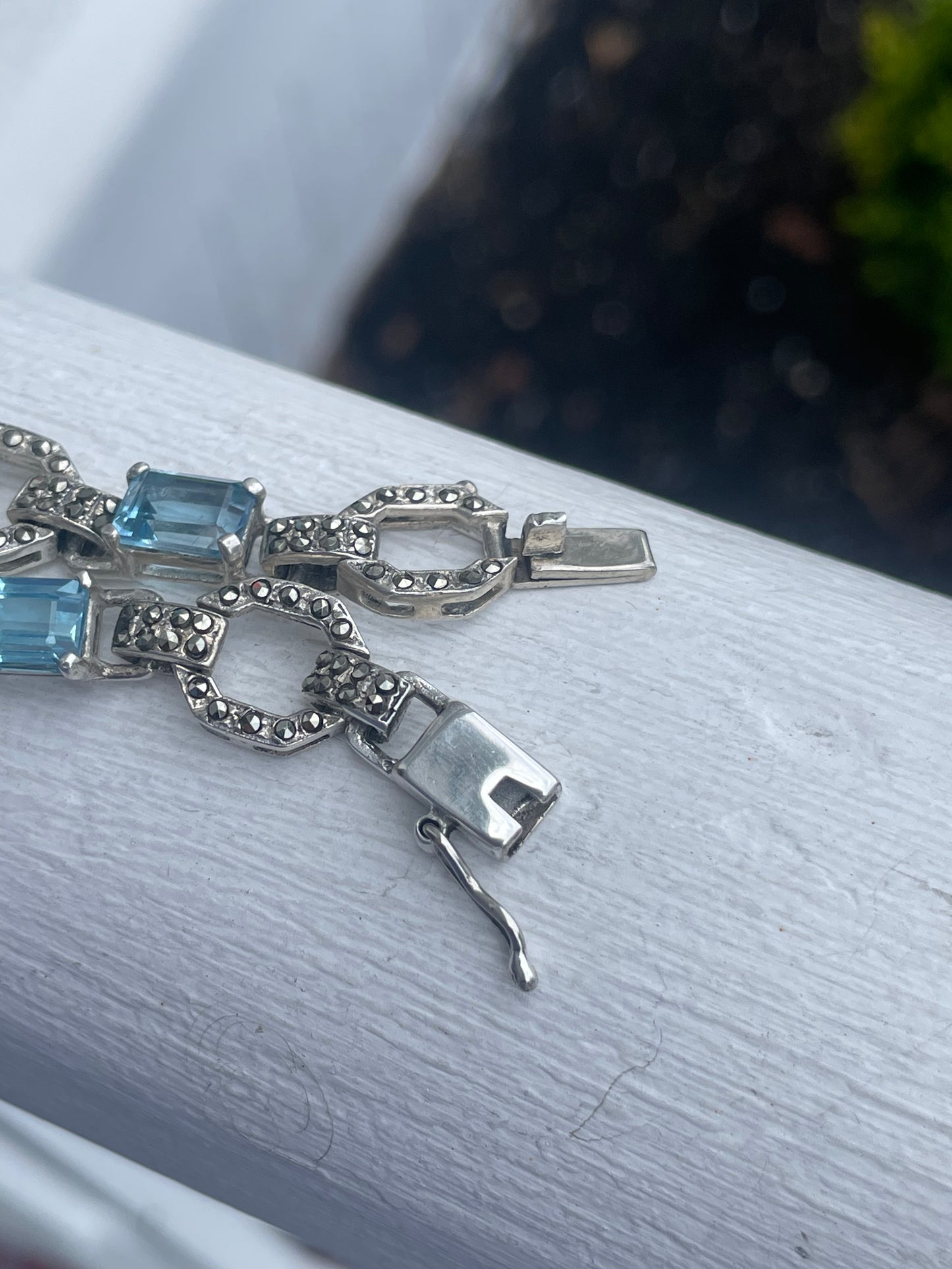 Designer MRF 925 Sterling Silver Blue Topaz & Marcasite Link Bracelet 7”