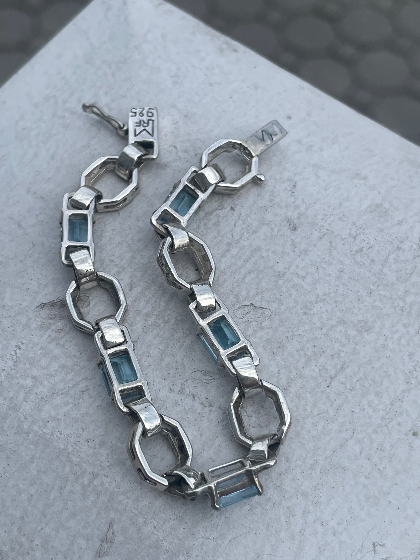 Designer MRF 925 Sterling Silver Blue Topaz & Marcasite Link Bracelet 7”