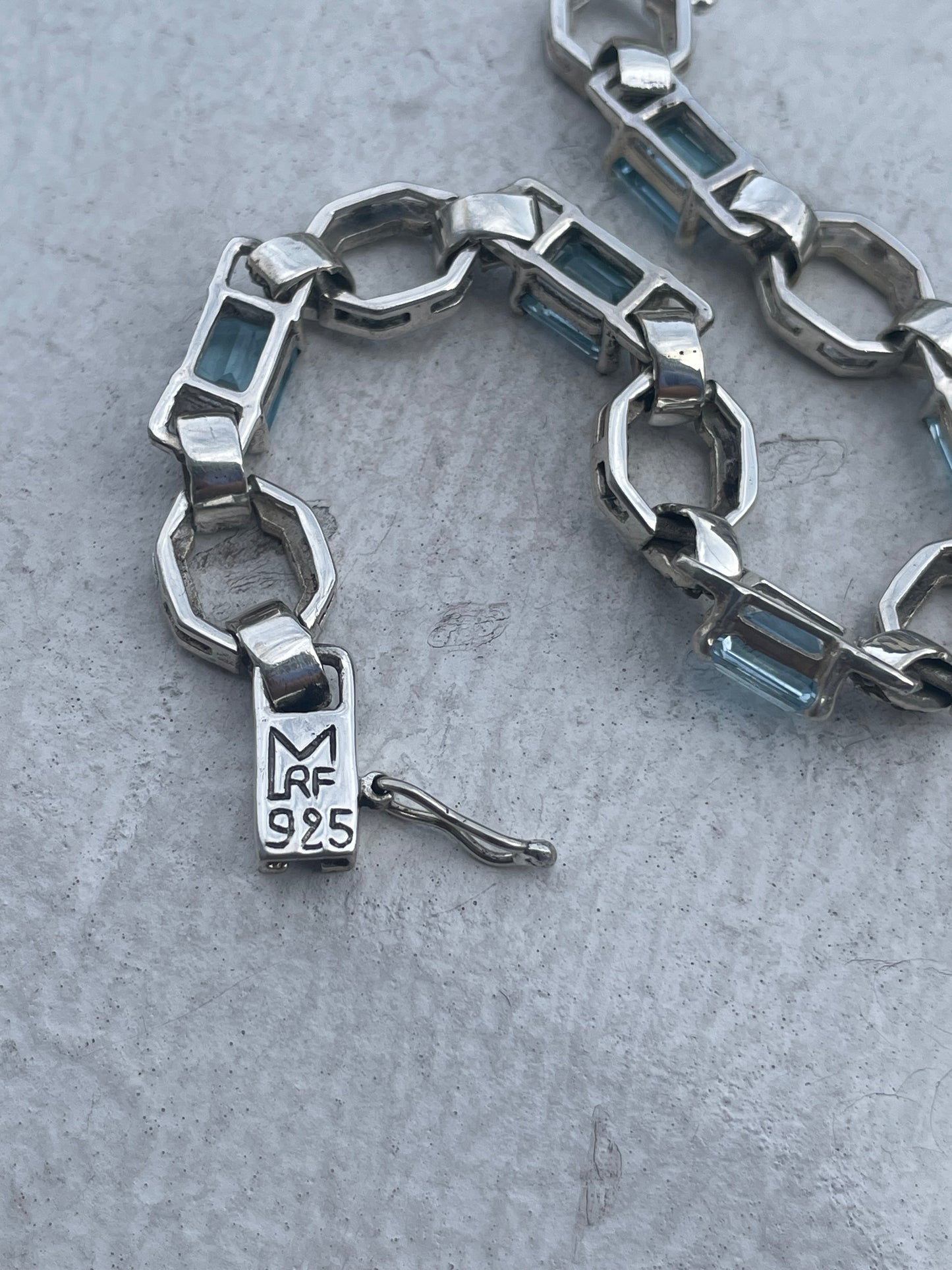 Designer MRF 925 Sterling Silver Blue Topaz & Marcasite Link Bracelet 7”