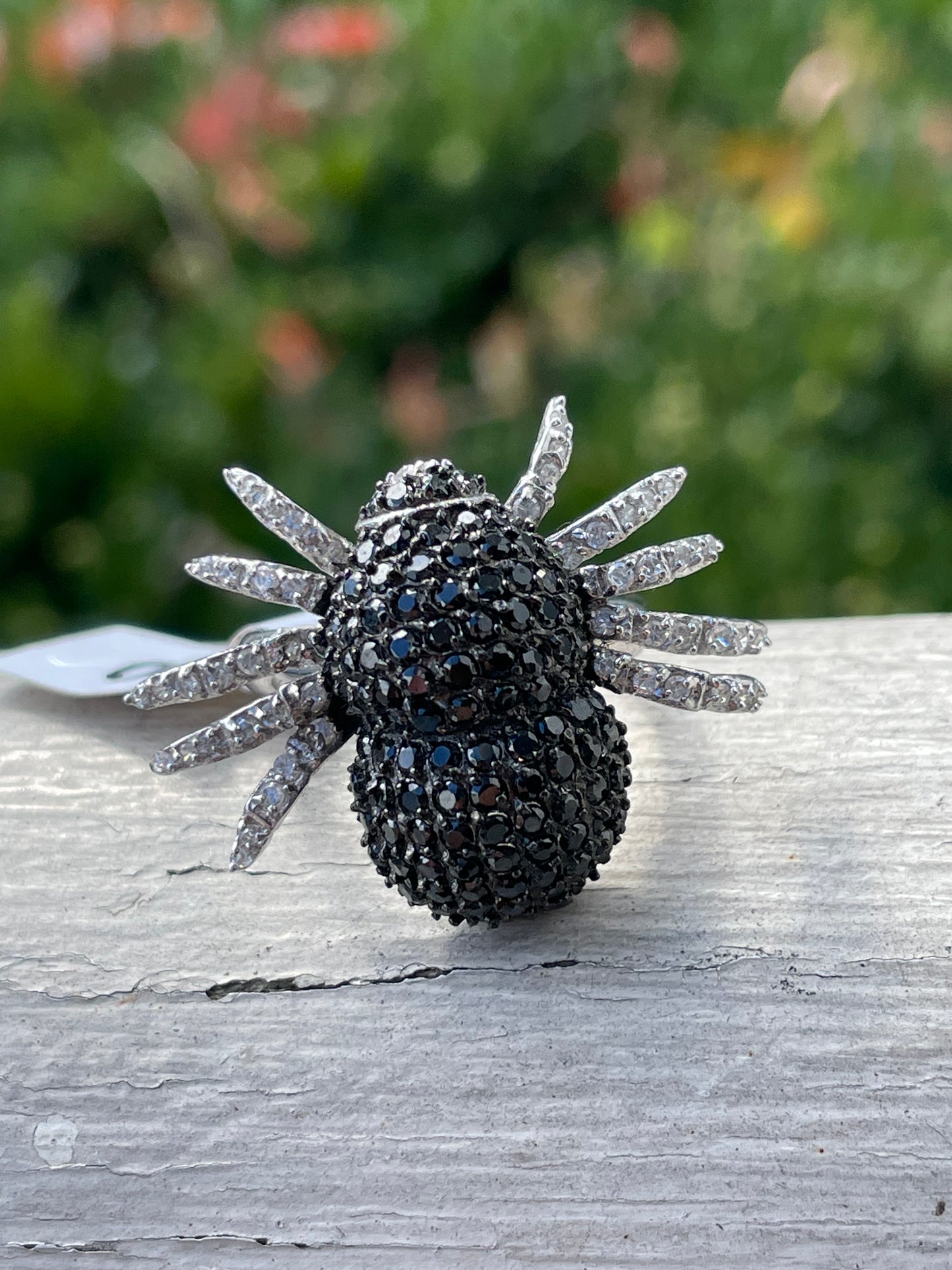 925 Sterling Silver Black & Clear Zirconia Spider Ring sz 7