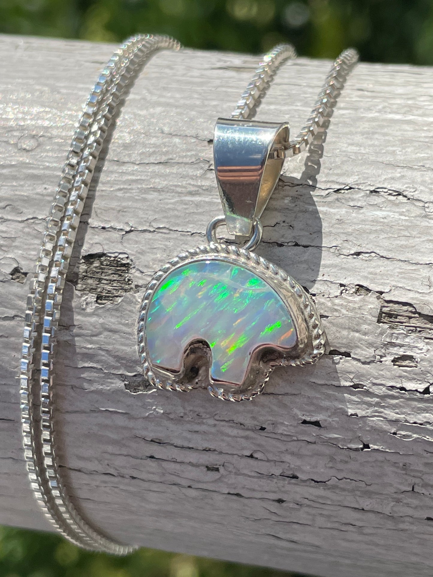 925 Sterling Silver Opal Running Bear Logo Necklace 20”