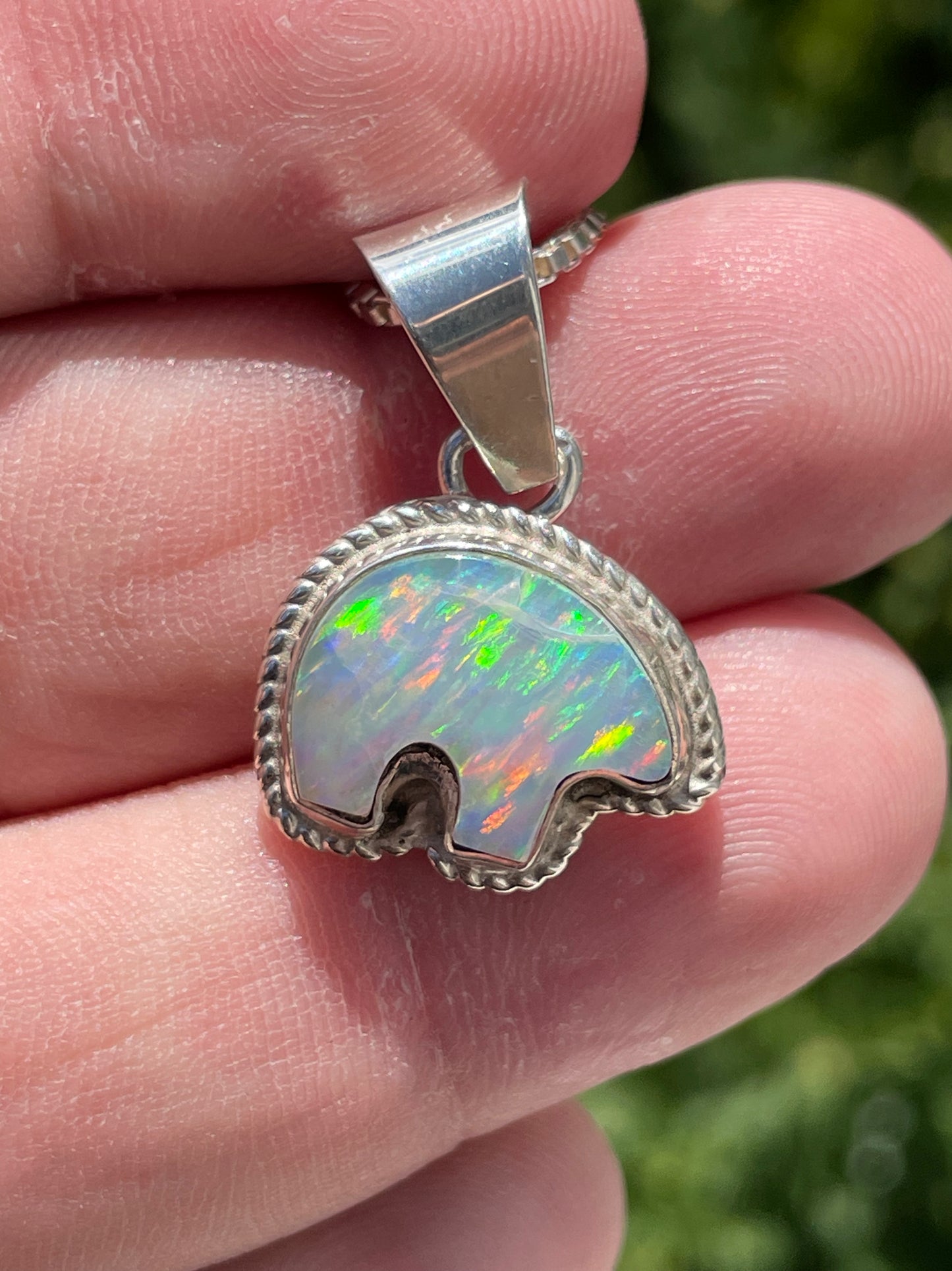 925 Sterling Silver Opal Running Bear Logo Necklace 20”