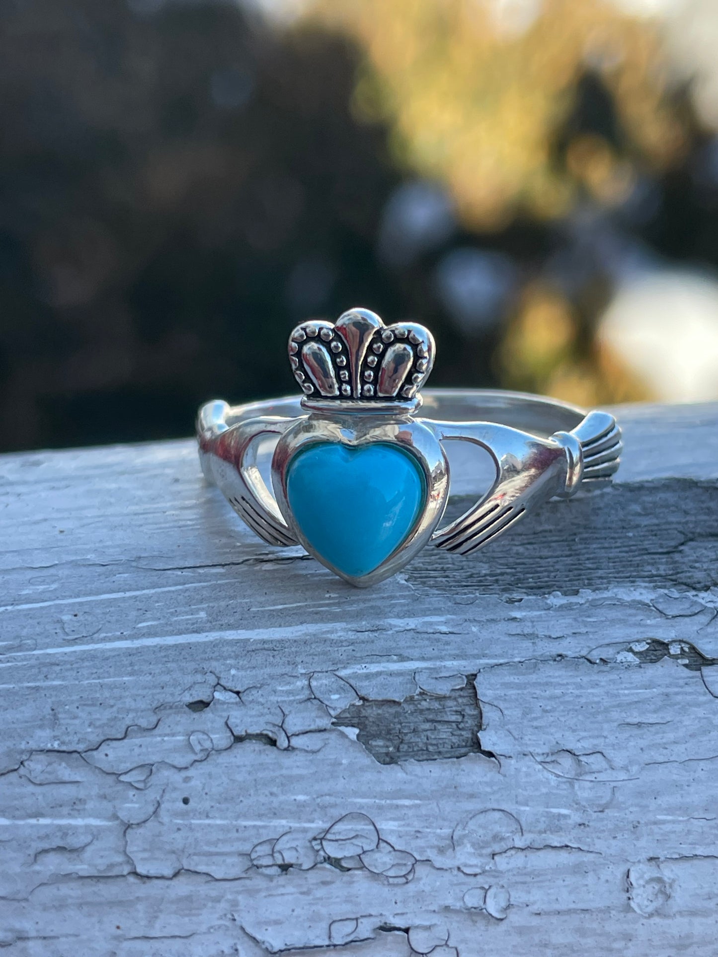 Designer JMH 925 Sterling Silver Sleeping Beauty Turquoise Claddagh Ring