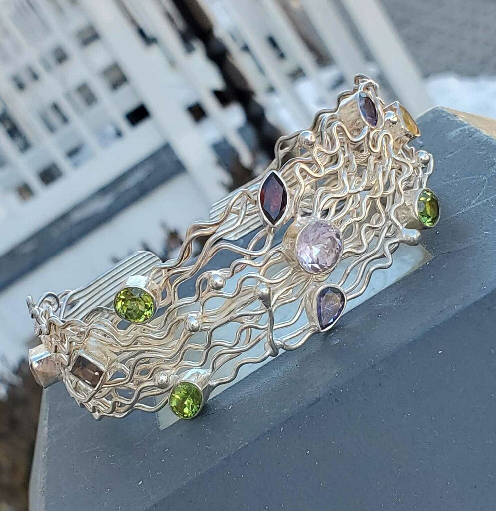 925 Sterling Silver Handmade Multi Gemstone Wired Cuff Bracelet