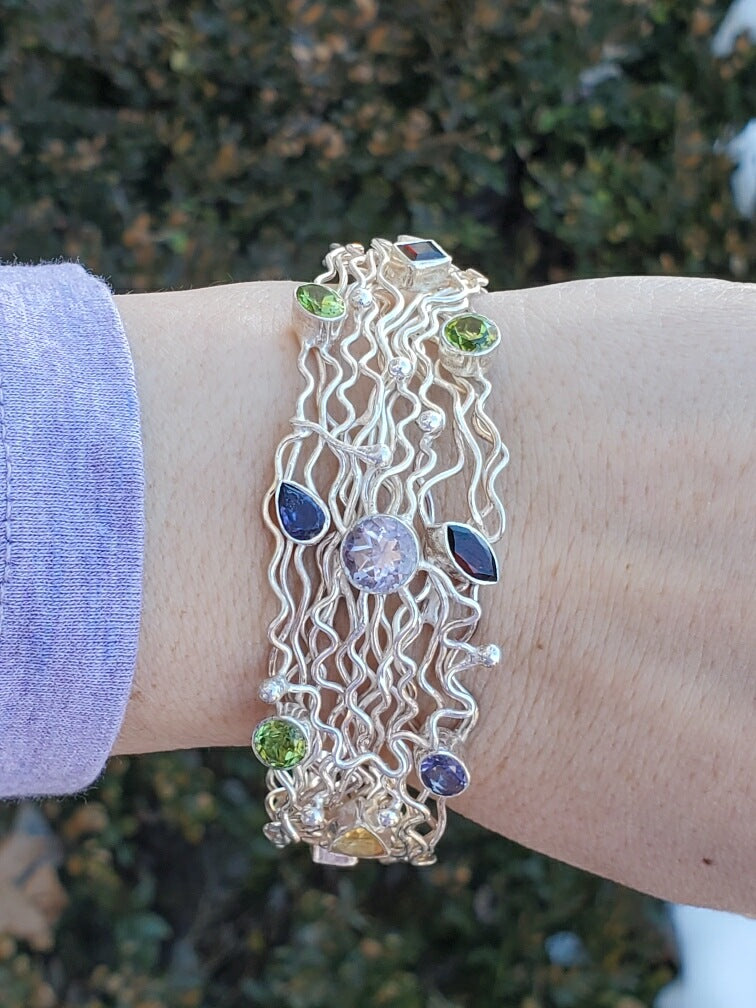 925 Sterling Silver Handmade Multi Gemstone Wired Cuff Bracelet