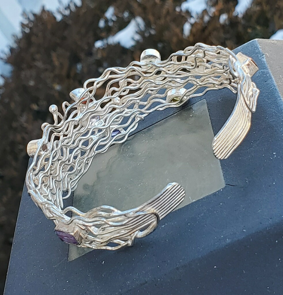 925 Sterling Silver Handmade Multi Gemstone Wired Cuff Bracelet