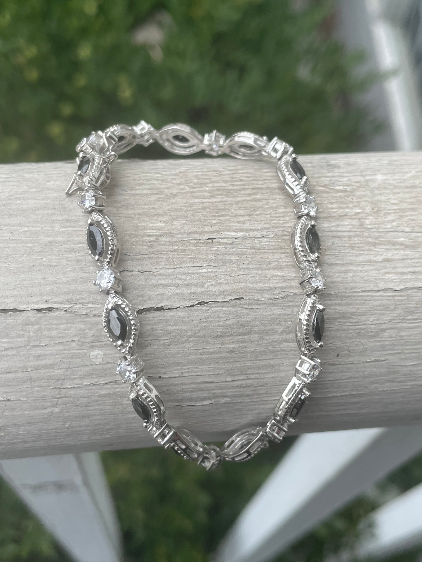 925 Sterling Silver Marquis Black Obsidian & Zirconia Tennis Bracelet