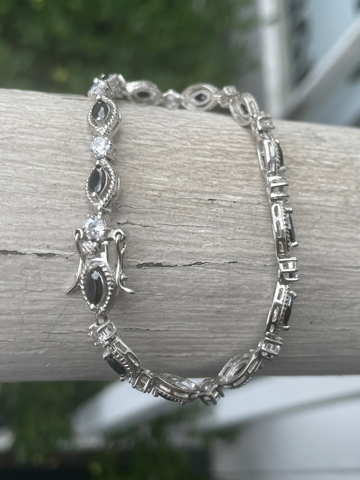 925 Sterling Silver Marquis Black Obsidian & Zirconia Tennis Bracelet