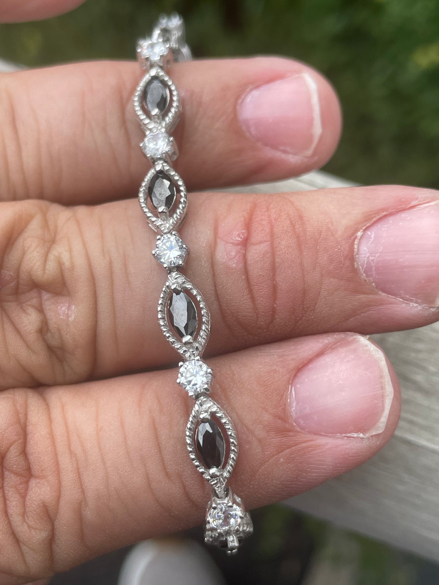 925 Sterling Silver Marquis Black Obsidian & Zirconia Tennis Bracelet