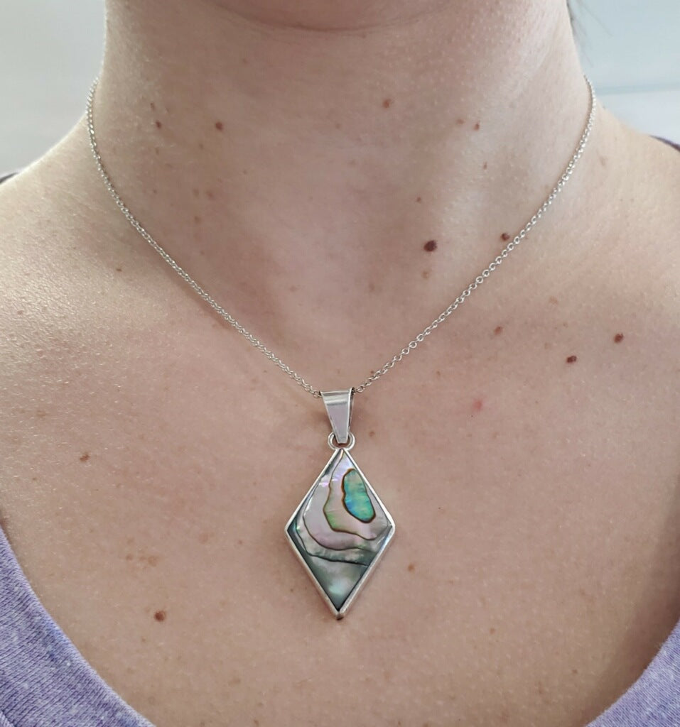 925 Sterling Silver Rhombus Shaped Abalone Necklace