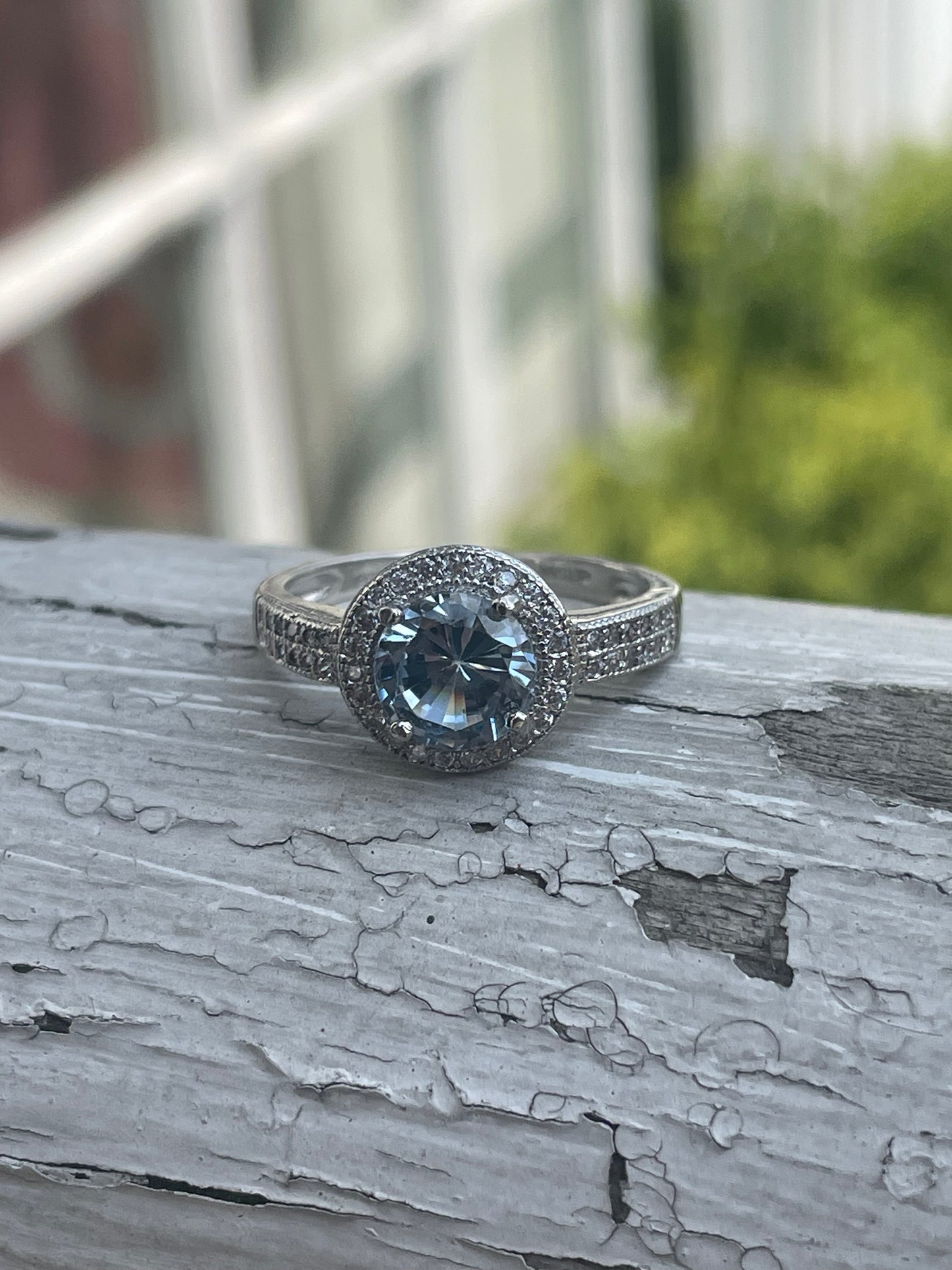 925 Sterling Silver Simulated Aquamarine Solitaire Ring with Clear Zirconia Halo & Sides