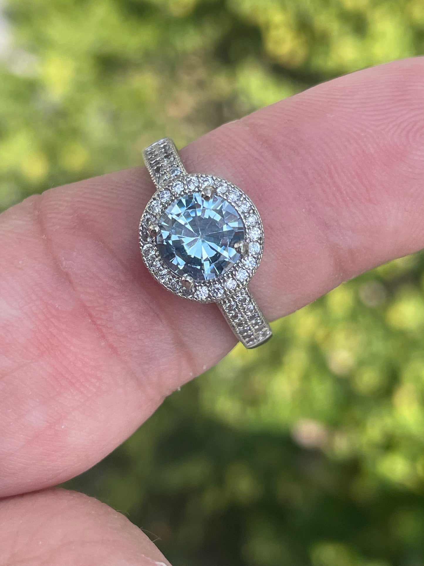 925 Sterling Silver Simulated Aquamarine Solitaire Ring with Clear Zirconia Halo & Sides